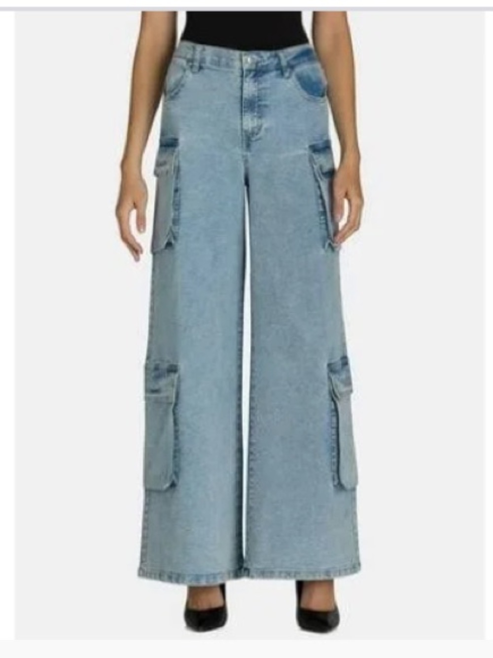 Light Blue Wide-Leg Cargo Jeans for Women